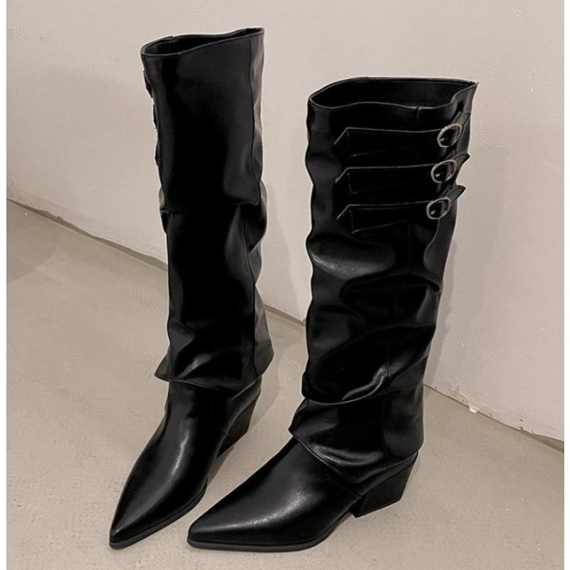 New Style Women'S High Quality Slip On Women'S Boots Autumn Pointed Toe Solid Buckle Decoration Mid-Calf Mid Heel Western Boots