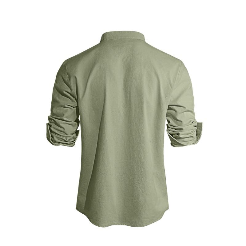 Spring New Men's Solid Color Stand Up Collar Long Sleeved Cotton and Linen Fashionable Casual Top