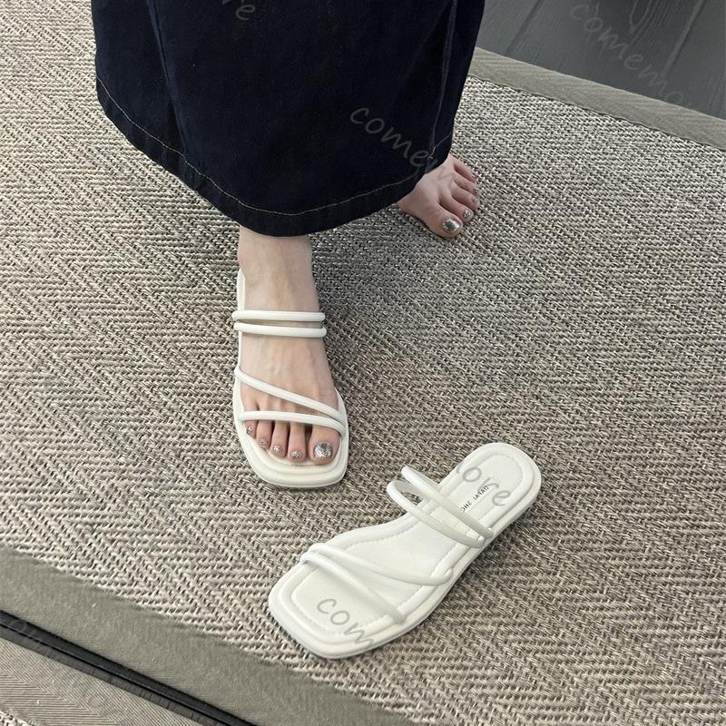 Comemore French Women Sandals Slippers Female Summer New Low Heeled Flip Flops Solid Casual Square Toe Beach Slippers
