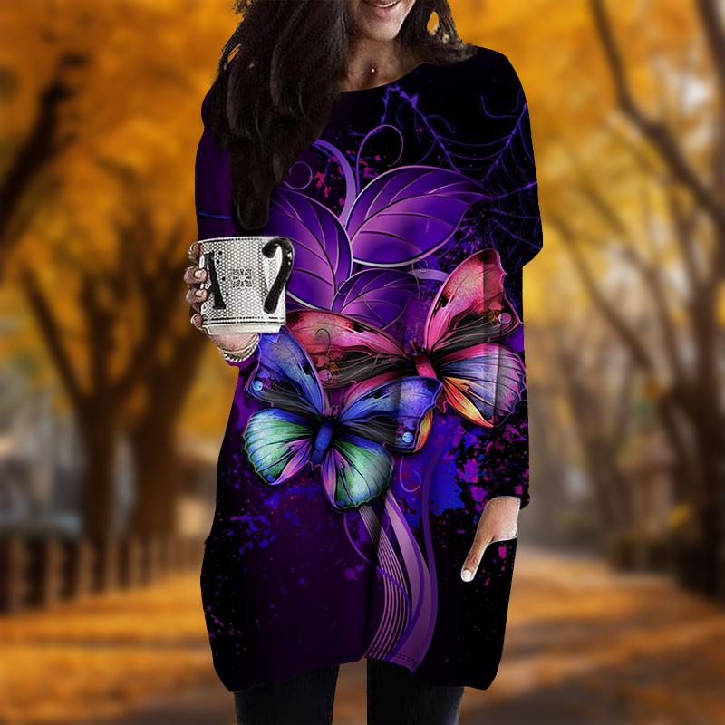 New In Autumn Spider Web Butterfly Print Plus Size Dress Women O'neck Long Sleeves Casual Pocket Dresses