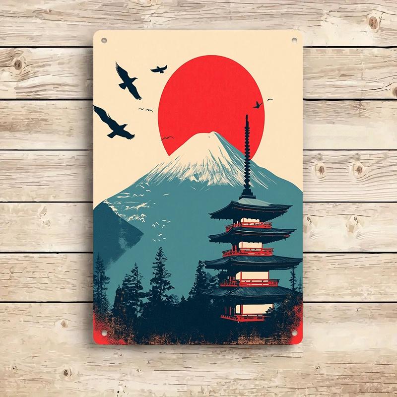 1 piece of Japanese Ukiyo-e style five-story pagoda of Mount Fuji tin plaque, Japanese Zen-style home decoration painting