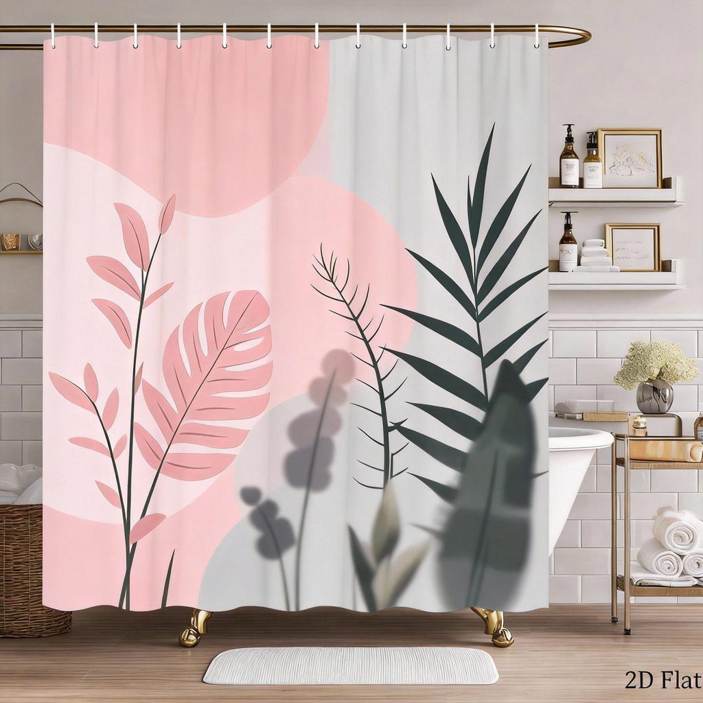 Plant Art Shower Curtain 1 Piece-Green Leaf Geometric Block, Modern Natural Design, Contemporary Bathroom Decoration