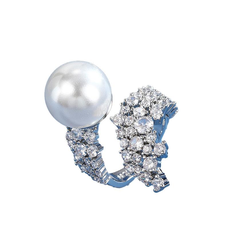 French Full Diamond Small Fresh Pearl Ring Women's Personality Inlaid Zir*****pening Adjustable Ring Versatile Jewelry
