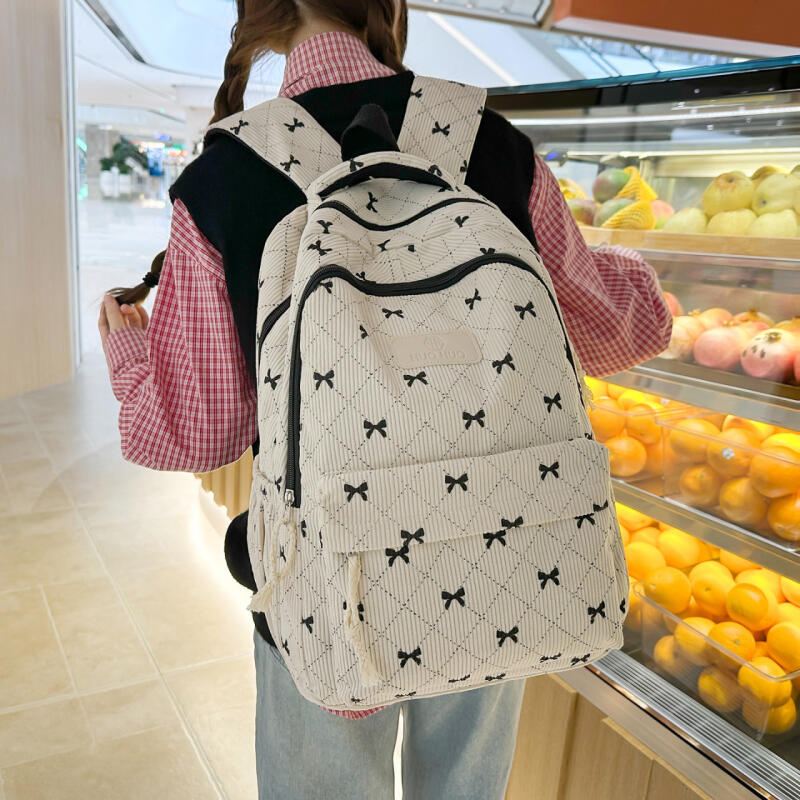 Rucksack Cord Schultasche Schleife bedruckt Leichtgewicht Großes Fassungsvermögen Reise-Rucksack