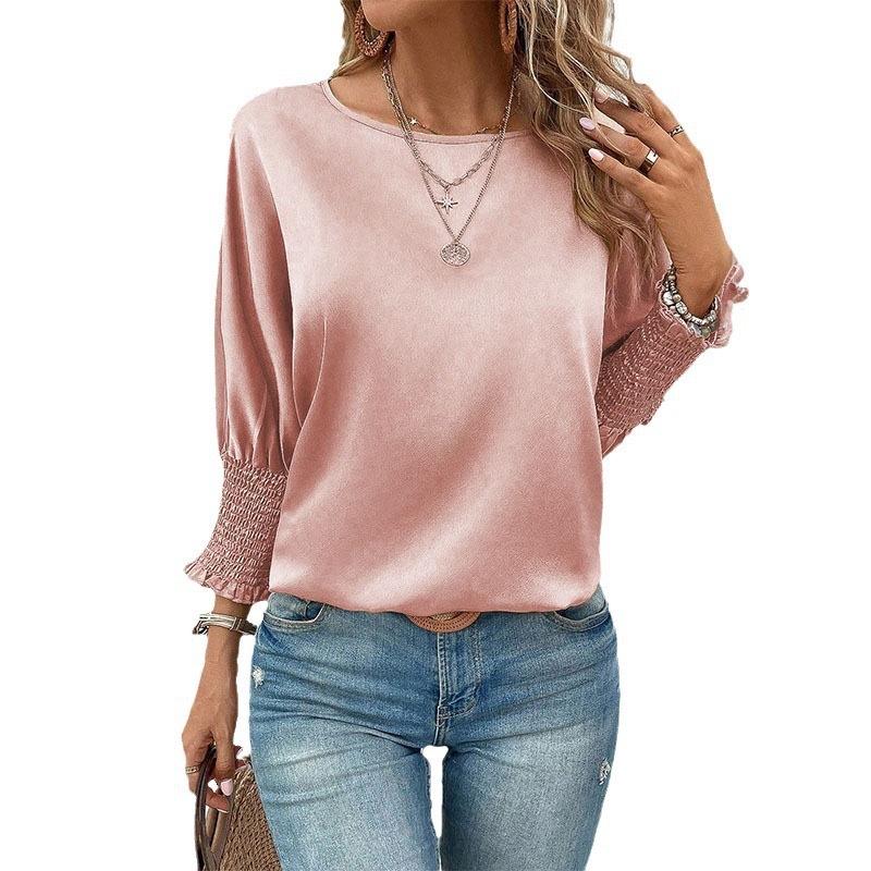 Casual Loose Bat Sleeve Solid Color Round Neck Top for Spring and Summer Women's T-shirts