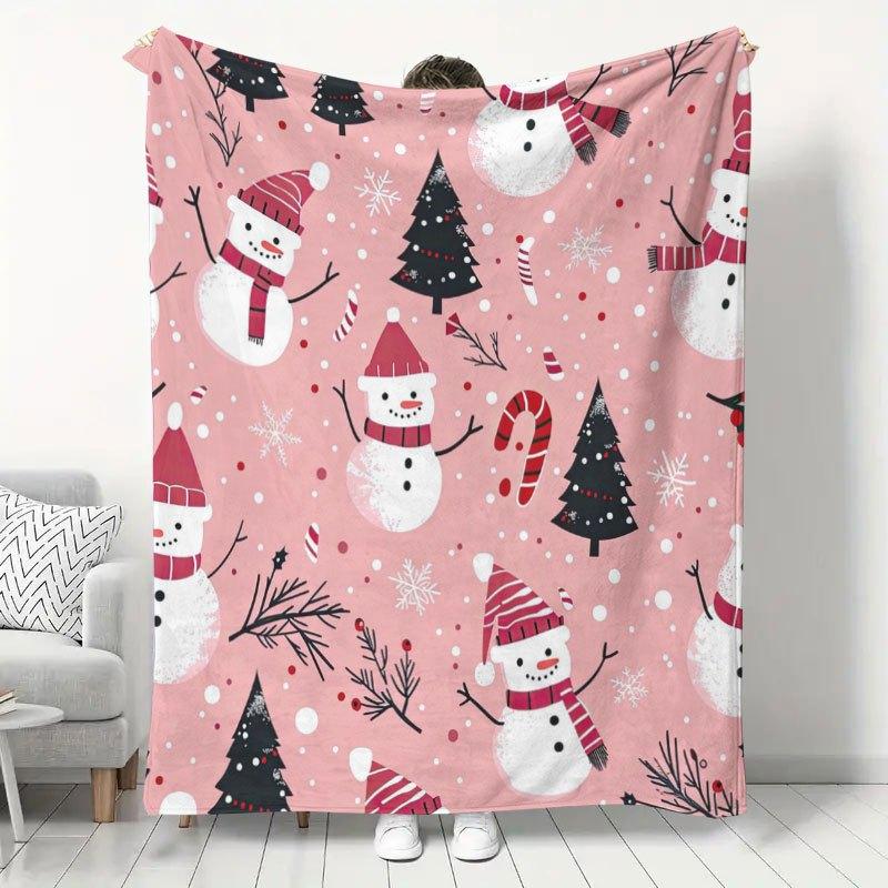 1pc Christmas Snowman Flannel Blanket, Pink Holiday Style Soft and Warm Nap Blanket, Christmas Tree and Candy Cane Print Autumn/Winter Throw Blanket,