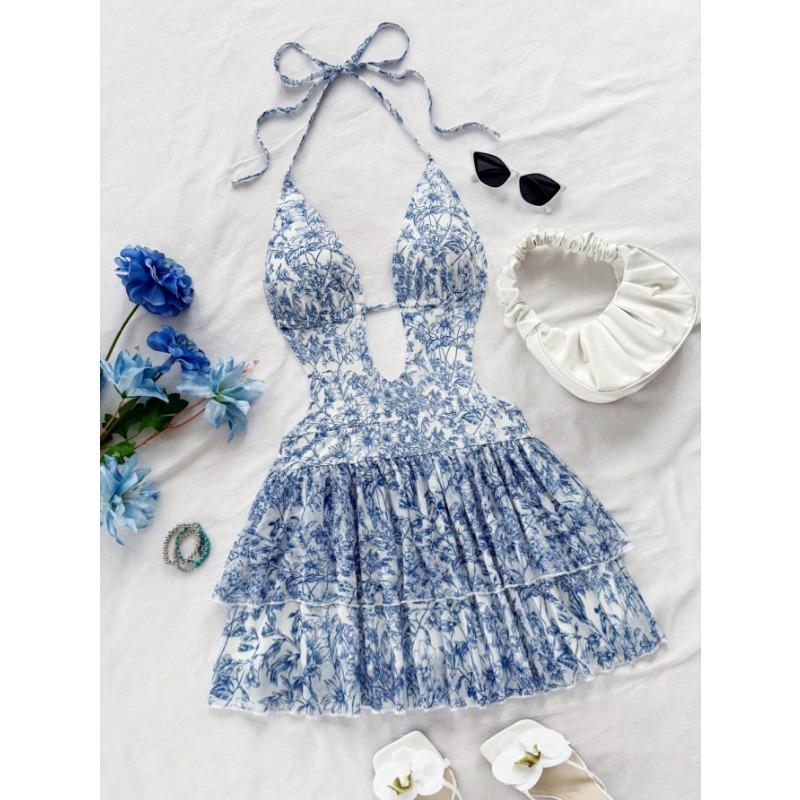 Dress Summer New Sexy Backless Lace Halter Neck Waist High-end Dress