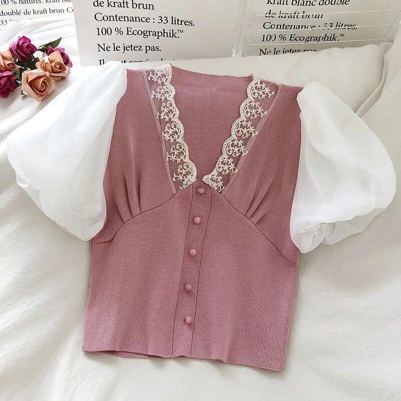 

Сексуальные кружевные женские футболки, черно-белые футболки с пузырьковыми рукавами для девочек Y2K, сексуальные женские повседневные футболки, модные топы suit 40-60kg розовый