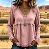 Women's V-Neck Long Sleeve Cotton Linen Casual Color Top