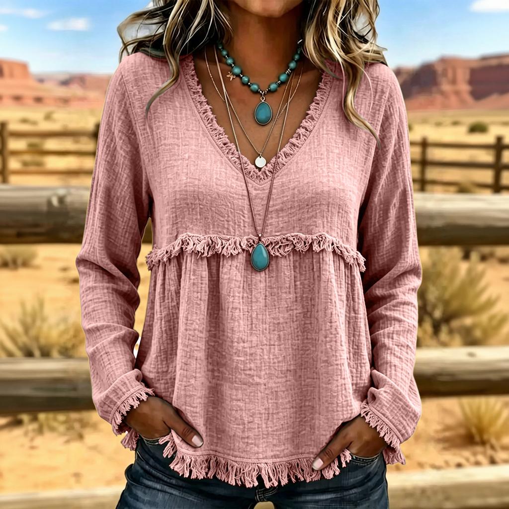Women's V-Neck Long Sleeve Cotton Linen Casual Color Top