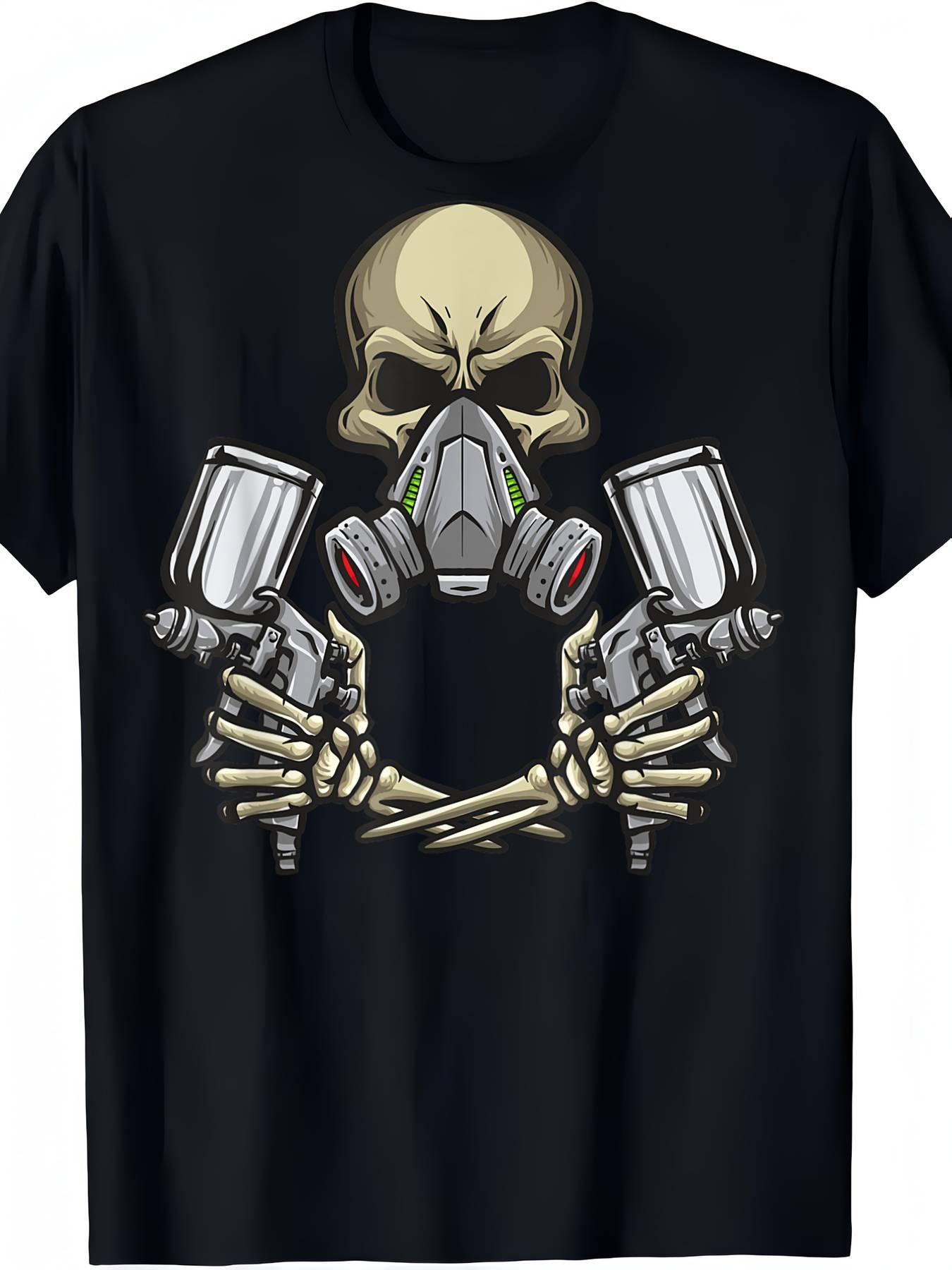 

Men s Black Skull Spray Gun Graphic T-Shirt- Soft Crew Neck Casual Style XL