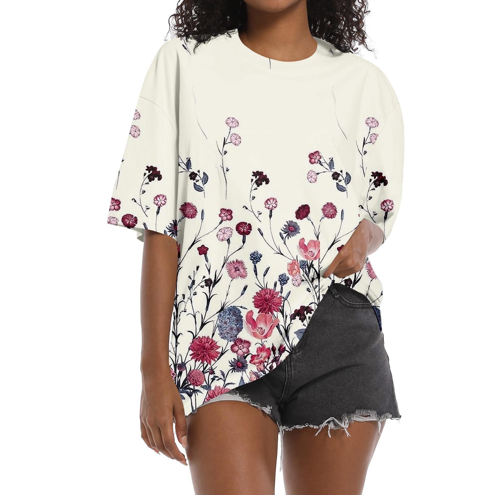 

Рубашка для женщин, модная повседневная свободная футболка с принтом и круглым вырезом, с короткими рукавами и принтом, женский топ L бежевый