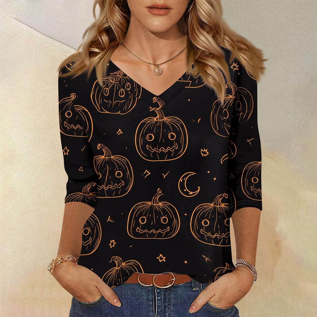 Womens Halloween Print V Neck Top Three Quarter Sleeve Casual Shirt Lightweight Soft Fabric Relaxed Fit Comfortable Everyday Wear