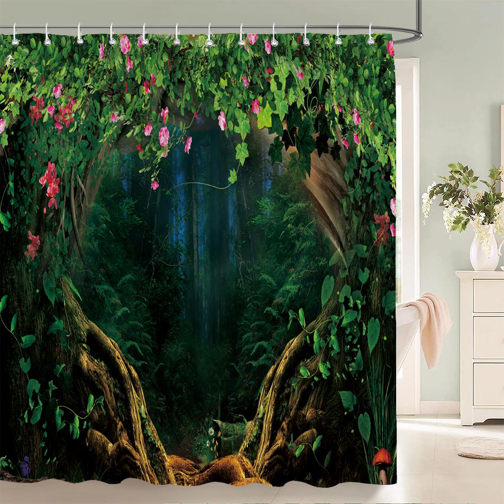 3D Fantasy Waldlandschaft bedruckter Duschvorhang wasserdichter Polyester-Badevorhang Badezimmerdekoration mit Haken Vorhang