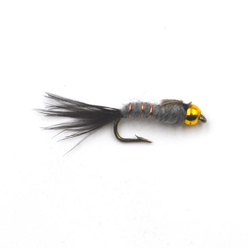 MNFT 10 Stück 12# Goldene Perlenkopf Graue Hasenohr Schwarzer Schwanz Nymphe Fliege Forellen Fliegenfischen Köder