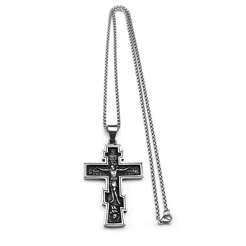 Retro Orthodox Icon Cross Statue Crucifix Pendant Necklace for Women Men Stainless Steel Silver Color Hip Hop Chain Jewelry
