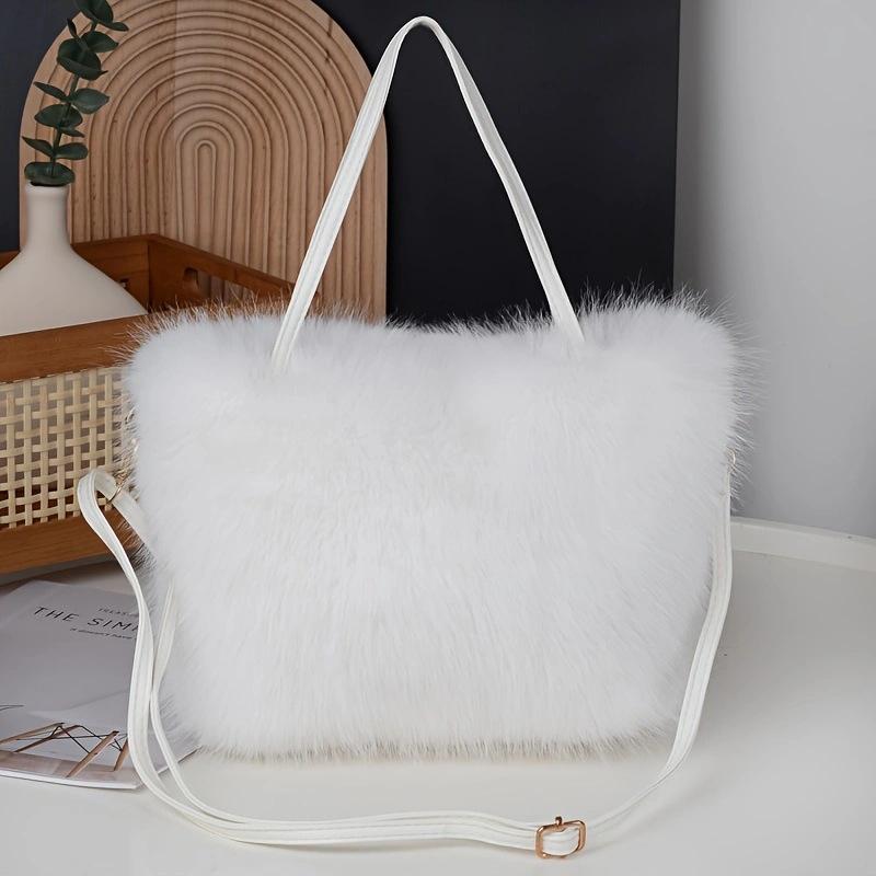 Chic Faux Fur Handbag with Detachable Strap Casual & Formal Occasis Women's Tote Bag, Stylish Fur Plush Shoulder Crossbody Bag