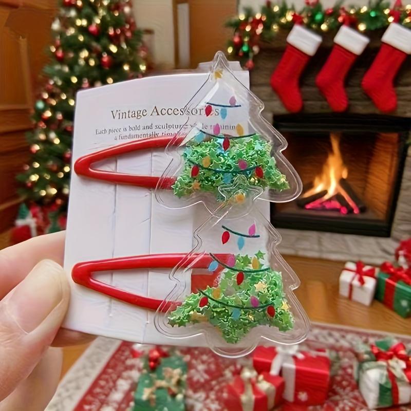 1 Pair Cute Christmas Hair Clips for-Snowman,Reindeer & Tree Hair Accessories with Glittery Red Elastics,Ponytail & Bangs Clips