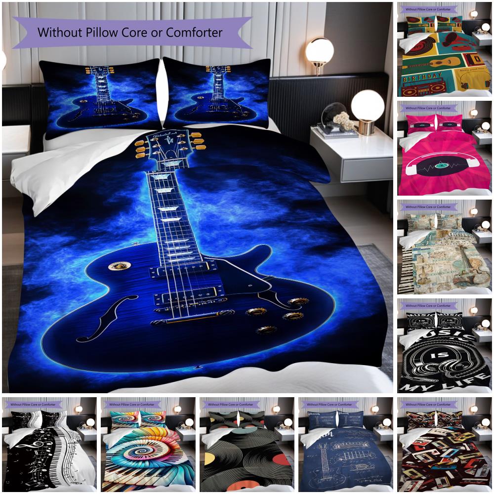 1PC Music, guitar Theme Bedding Quilt Set Quilt Cover Pillowcase Home Decoration Birthday Gift (1 * duvet cover + 2 * pillowcase, without core)
