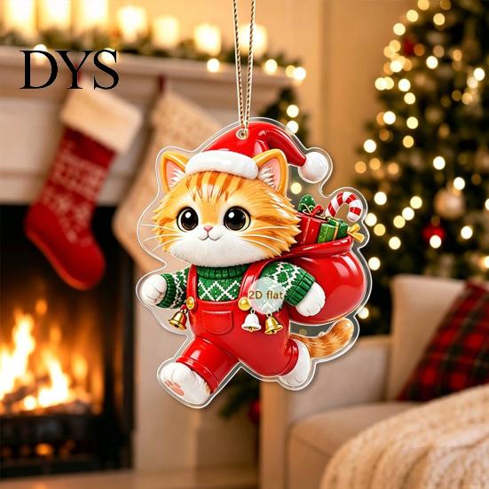 Christmas Tree Pendant Cat with Hanging Rope, 2D Flat Acrylic Ornament for Xmas Holiday Home Decor Decoration, Cute Decor, Party Supplies Car
