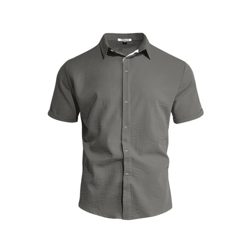 

Summer New Short Sleeved Men s Solid Color Simple Casual Business Cardigan Buttoned Top S серый