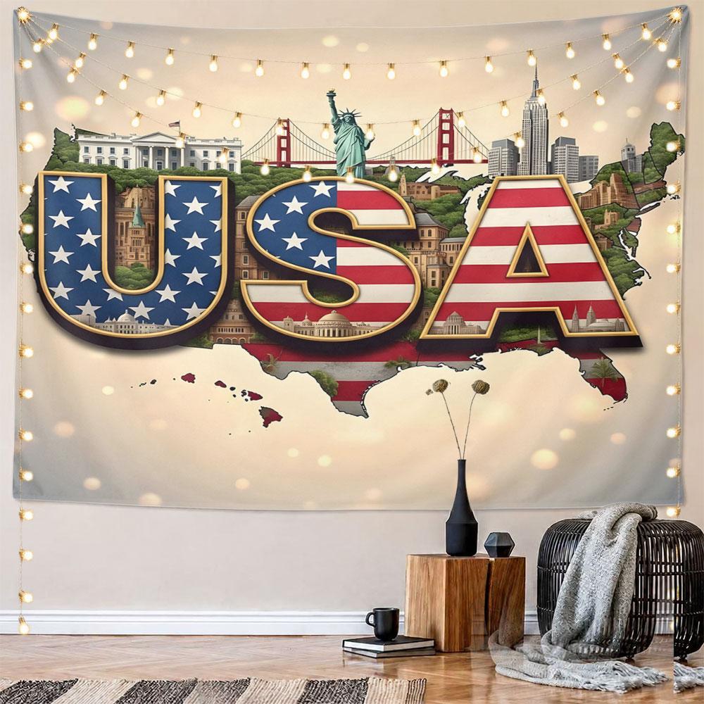 "USA Map with Iconic Landmarks Design" Pattern Wall Hanging Tapestry Decorative Tapestry Home Decor for Bedroom and Living Room