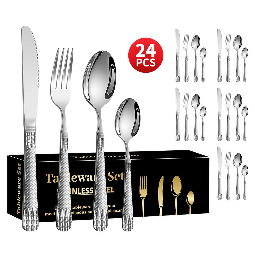 Stainless Steel Embossed Handle Western Food Hotel Tableware Knife, Fork and Spoon Dessert Spoon 24 Pieces Suit