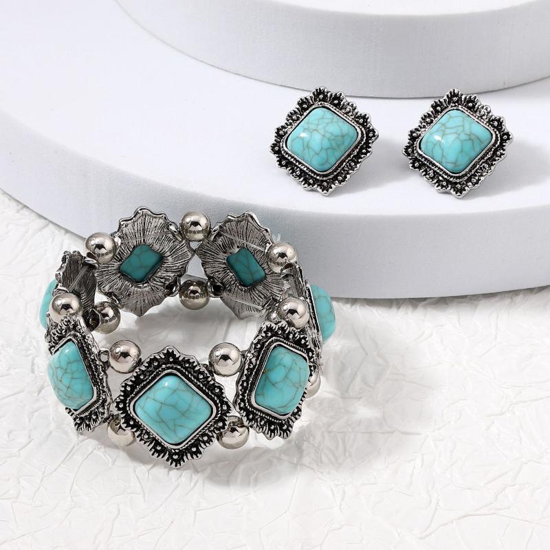 New Fashion Boho Turquoises Ear Studs Elastic Bracelet Bangle For Women Ethnic Vintage Bohemian Party Jewelry Gift