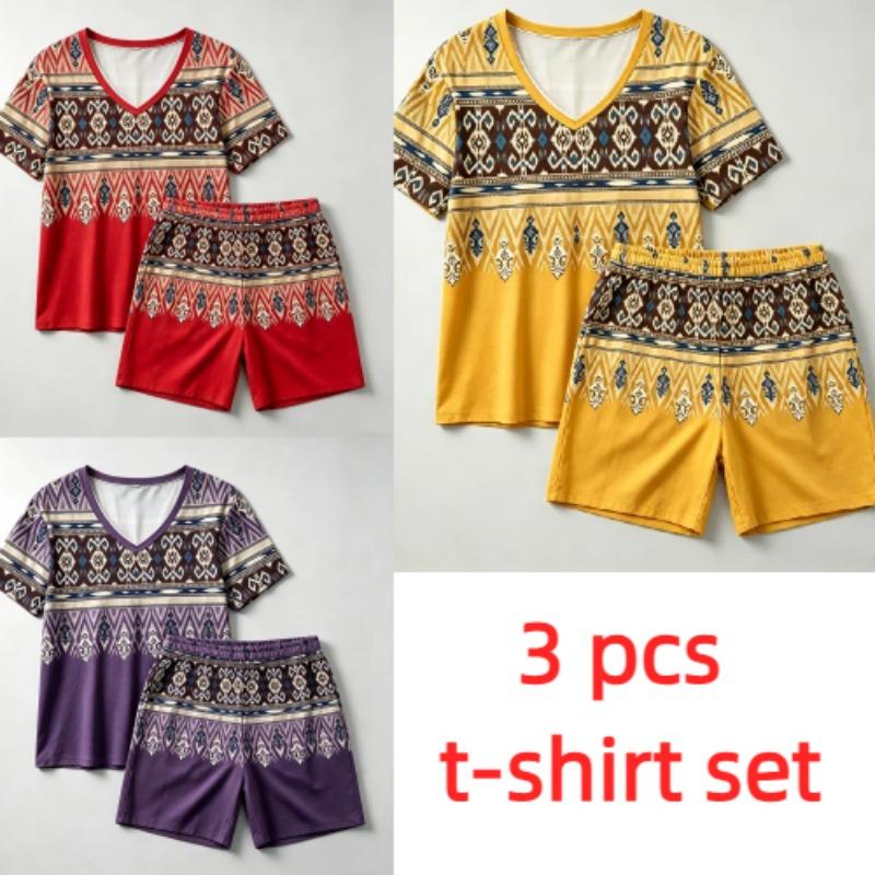 Summer Fashion Bohemian Style Geometry Pattern Printed V- Neck Short Sleeved T-Shirt And Shorts Set Women's and Men's T-shirt Shorts Set