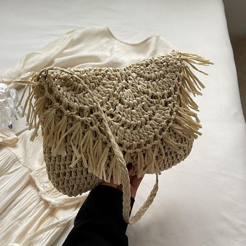 Handwoven Cotton Straw Shoulder Bag Crochet Tassel Beach Bohemian Purse for Women