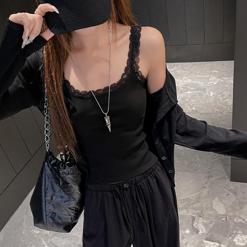 Pure lace base with small suspender vest inside, women's spring and summer slim-fit threaded outer sleeveless Spice Girl top