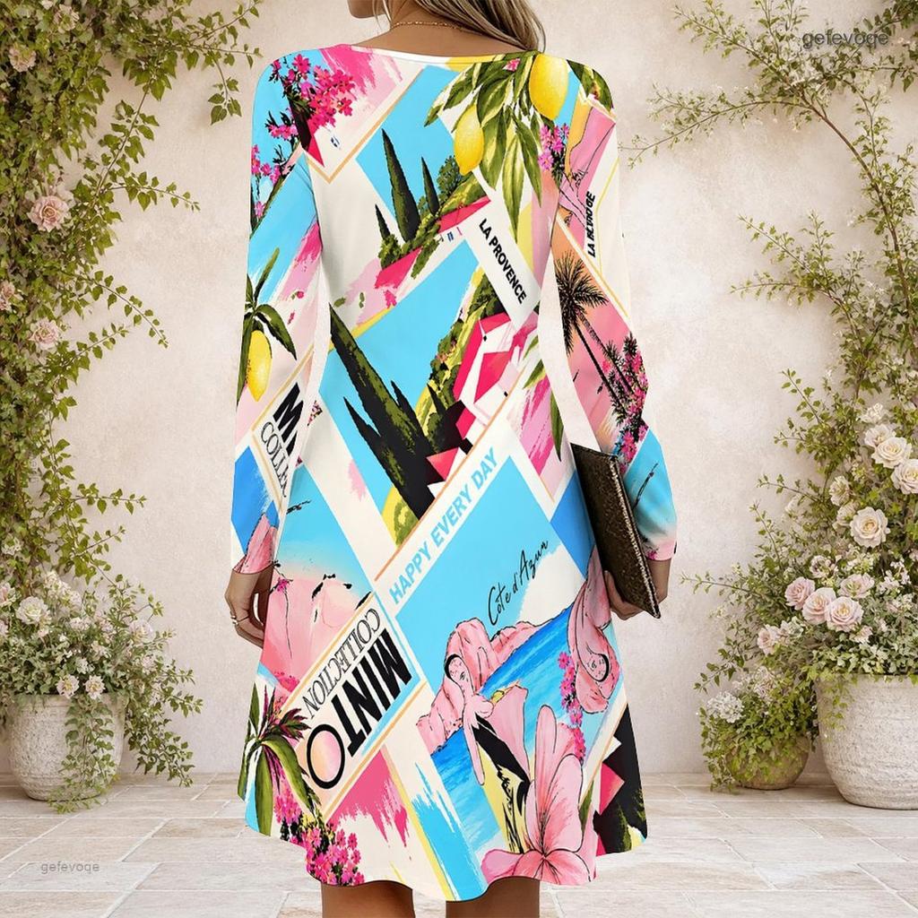 Women Long Sleeve Criss Cross V Neck Abstract Printed Blue Pink White Irregular Hem Dress