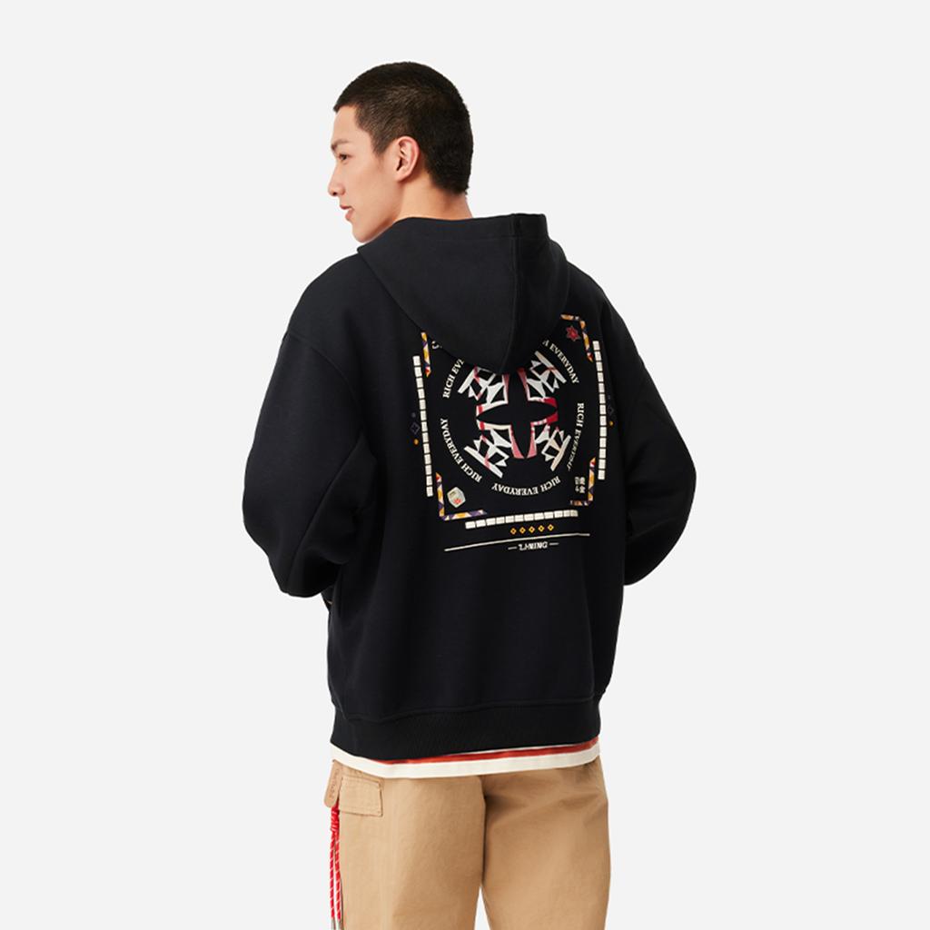 Li Ning Daily Prosperity Series CNY Zodiac Year Casual Fashion Hooded Comfortable Pullover Sweatshirt Men sweatshirt Black AWDV457-2