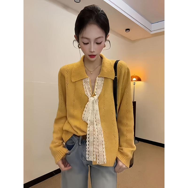 Spring Autumn Lace Pachwork Hollow Out Knitting Bandage Cardigan Sweater Women Sweet Casual Knitting Top