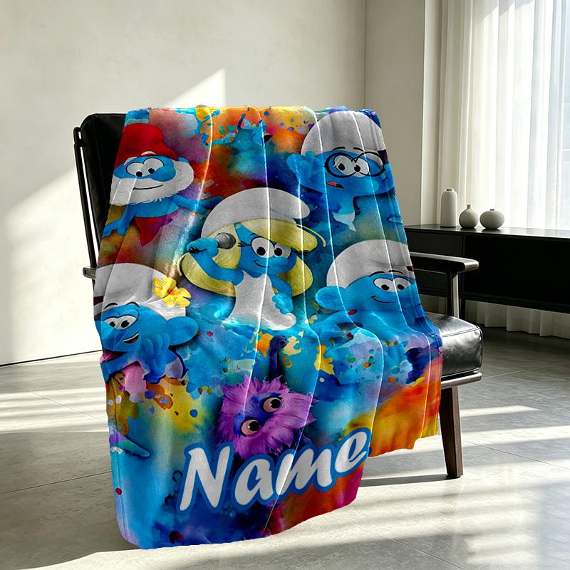 Custom Name Personalized Blue Smurfs Print Blanket, Home Decor, Bedroom, Sofa, Camping, Couch, Gifts for Birthday Christmas