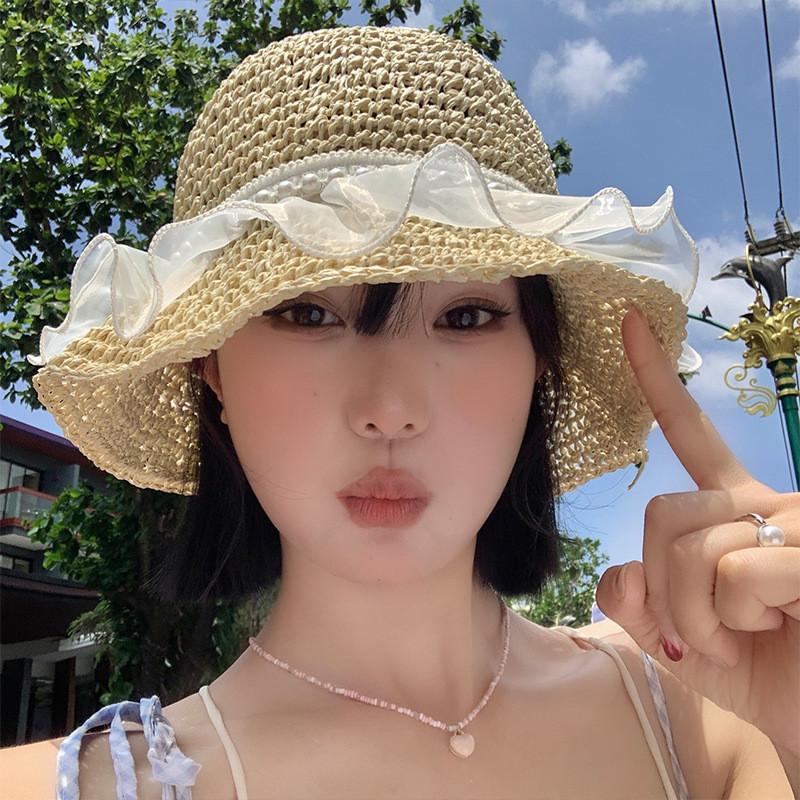 Fashionable Summer Pearl Embellished Organza Hollow Wide Brim Hat For Women And Men