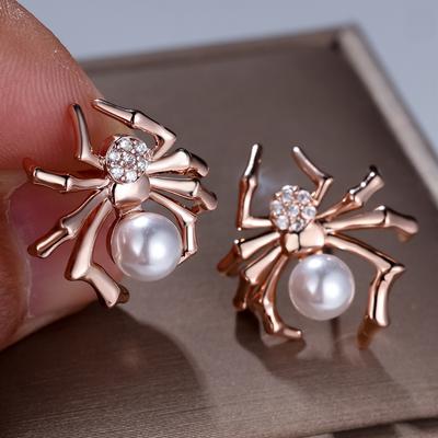Ретро-готичні сережки-павуки кольору рожевого золота для жінок Сережки-гвоздики з імітацією перлів Ювелірні прикраси для вечірок Подарунки