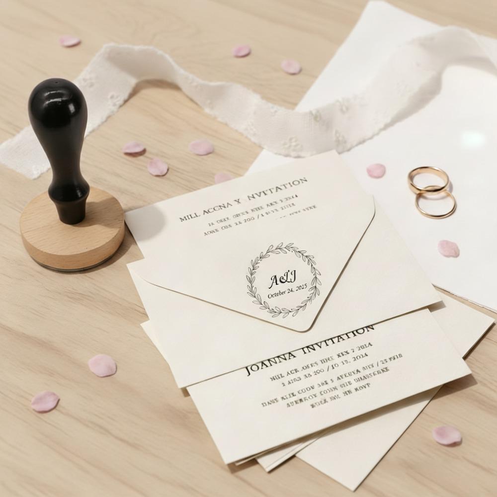 Custom Round Wooden Wedding Stamp, Personalized Monogram Seal for Couples, Engagement & Marriage Celebration for Invitations, Thank You Cards