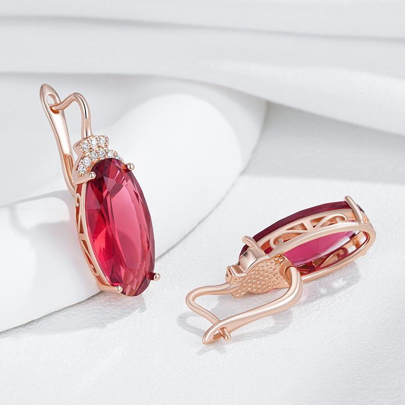 Oval Red Zircon Women Dangle Earrings Golden Anti Allergic Large Zircon Luxury Costume Jewelry
