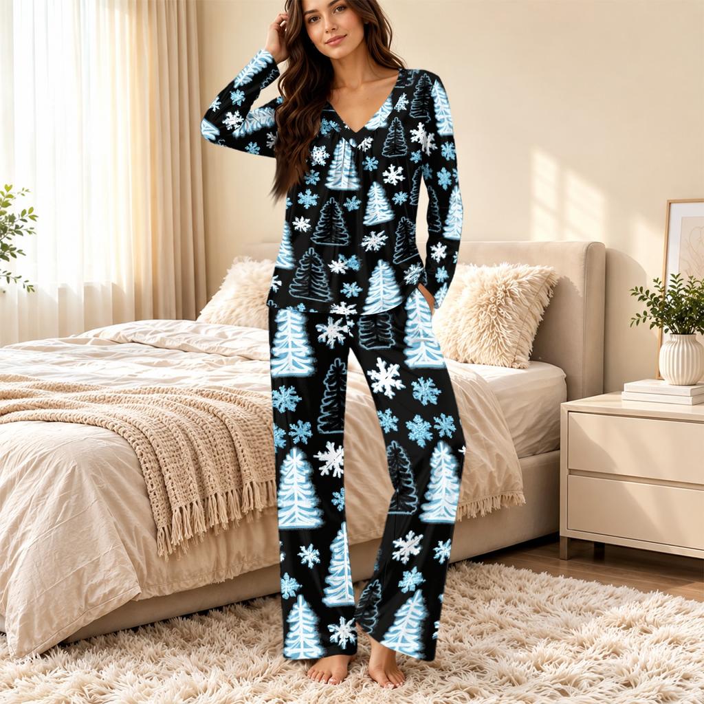 Women's Casual Fashion V-neck Loose Christmas Printed Pajamas Pajamas Set