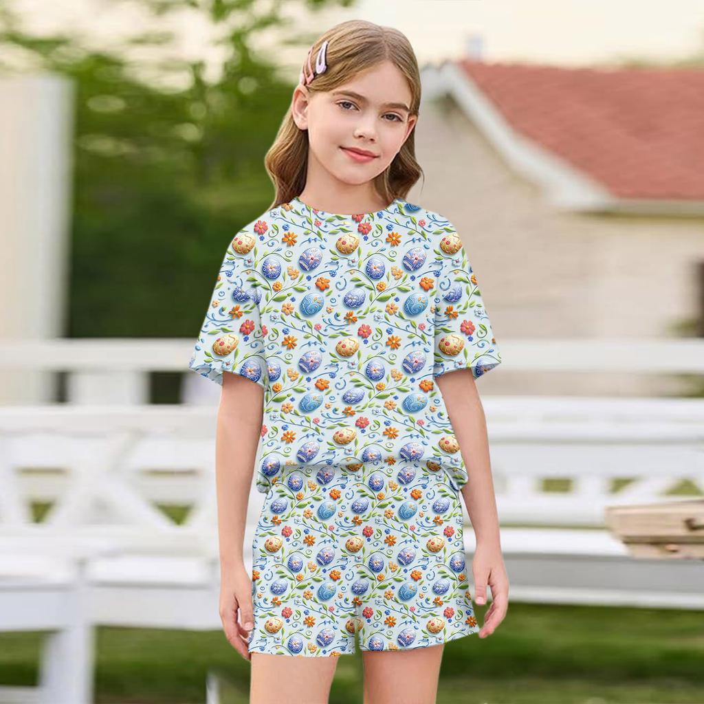 Kid Patriotic Outfit - Short Sleeve & Shorts 2-Piece Set For Girl Easter Day