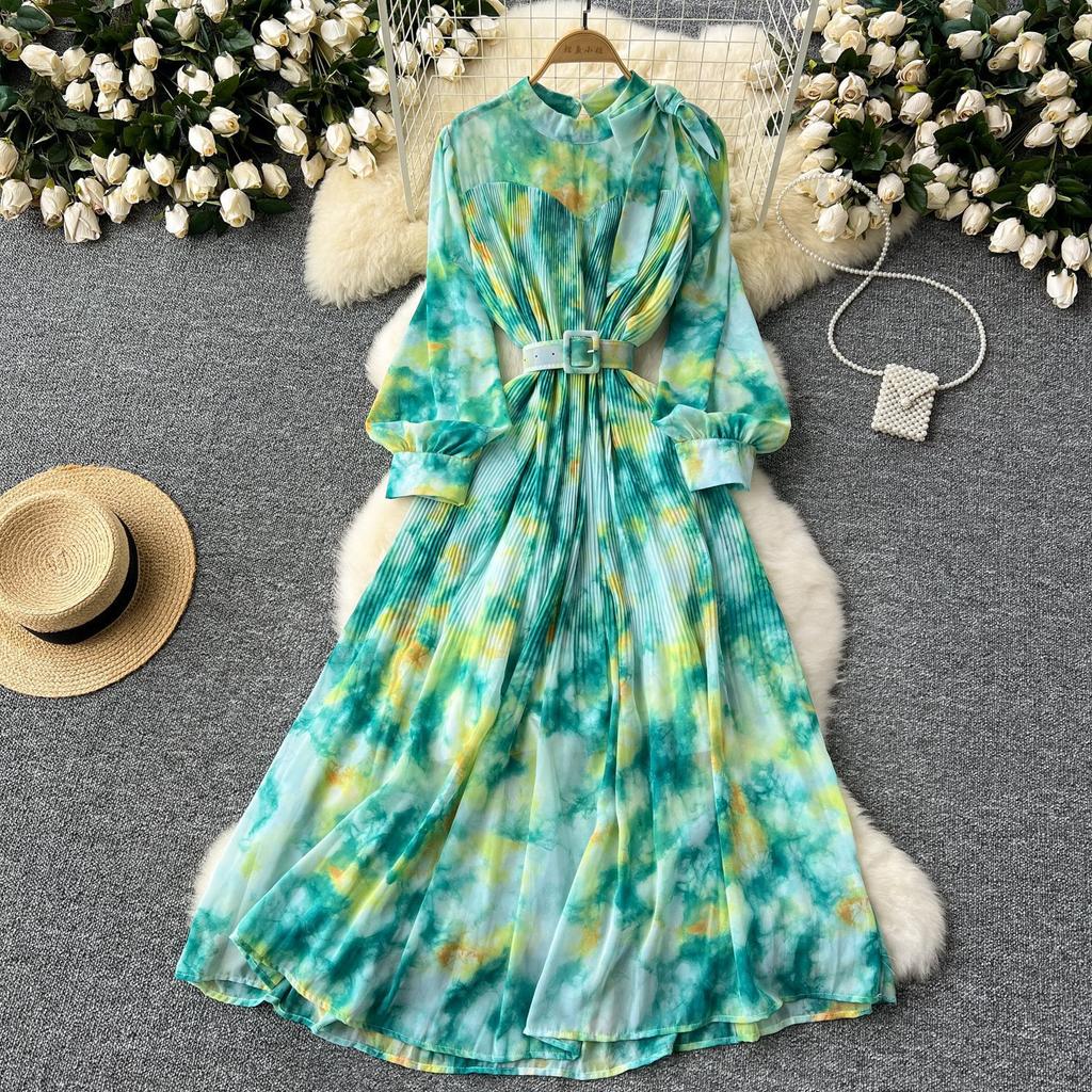 French Vintage Print Chiffon Dress Women Bow Lace-up Lantern Sleeve Elegant Loose Casual Evening Holiday Dresses