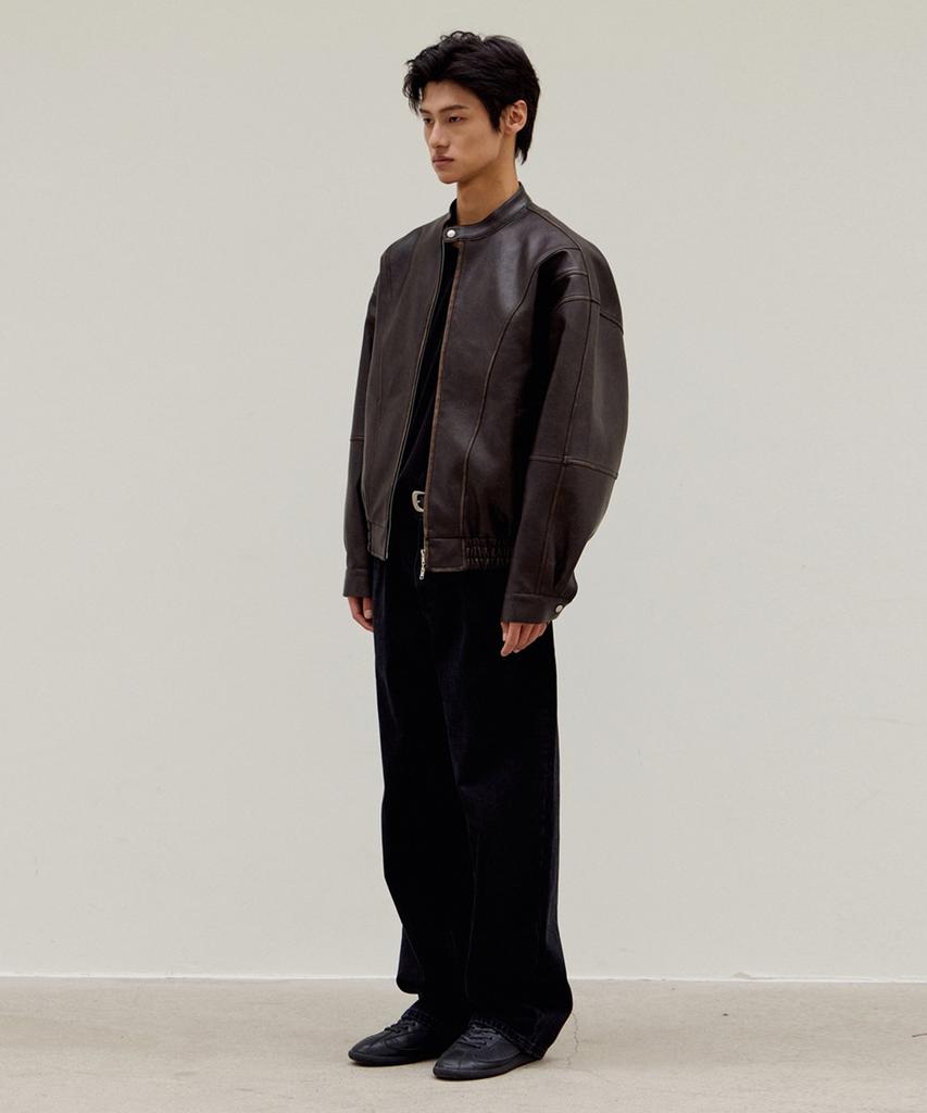 Mood Inside Washed Stitch Biker Leather Jacket_Brown