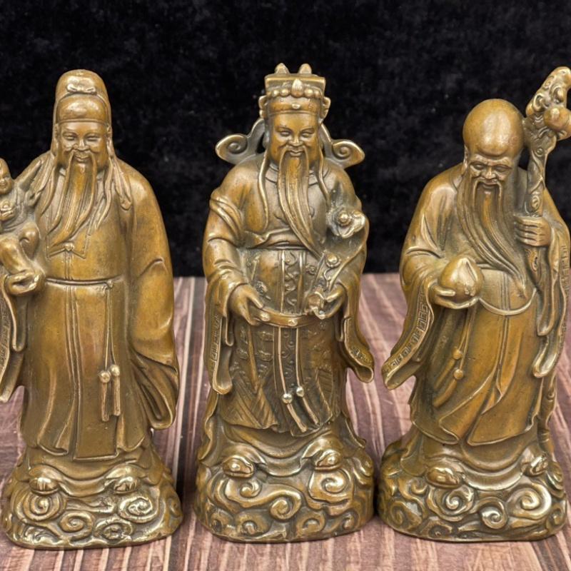 Antique Copper Fortune, Prosperity, Longevity, And Happiness Figurines Statue Ornaments God Of Wealth Home Worship Buddha