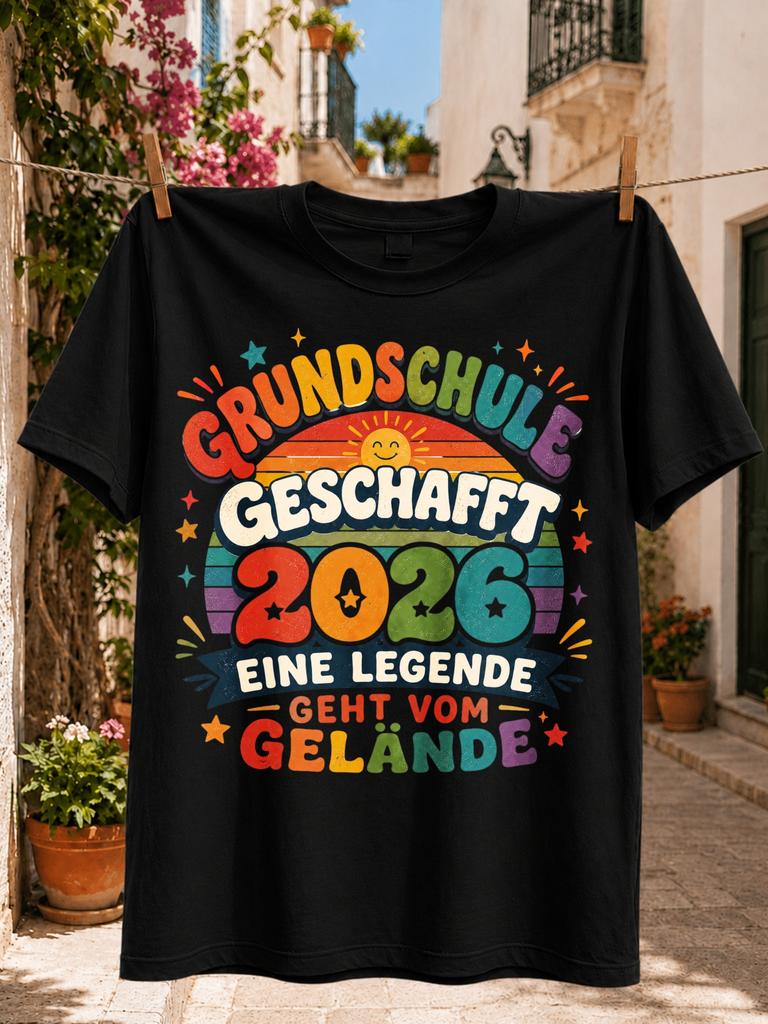 Grundschule Geschafft 2026 Retro Rainbow Graphic Sunset Stripes Stars And Playful Gerunisex School Unisex All Tshirt