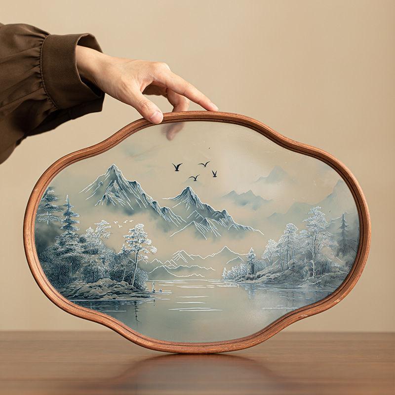 Bamboo Wood Glass Tea Tray Chinese Retro Ink Wind Dry Bubble Tray Simple Kung Fu Tea Tray Tea Set Storage Accessories