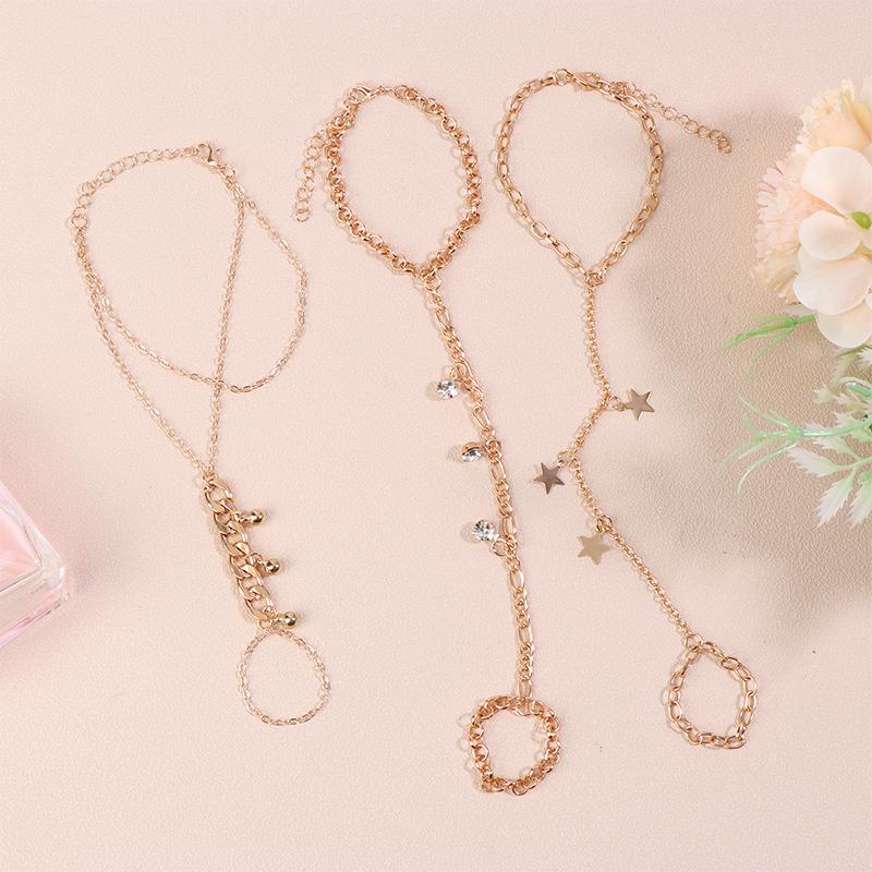 Pendant Chain Bracelet Link Connected Gold Colour Wide Finger Ring Bracelets For Women Link Hand Harness Jewelry