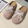Spring Baotou Slippers for Women Round Head Deep Mouth Suede Beaded Lace Butterfly Knot Soft Soled Non-slip Flats