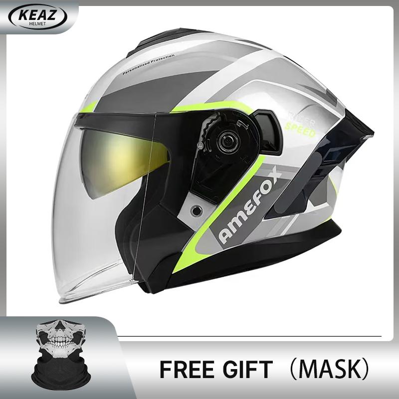 Double Visor Open Face Helmet 3/4 Jet Style Motorcycle Scooter Helmet with Inner Sun Shield Flip Down Clear Outer Lens DOT