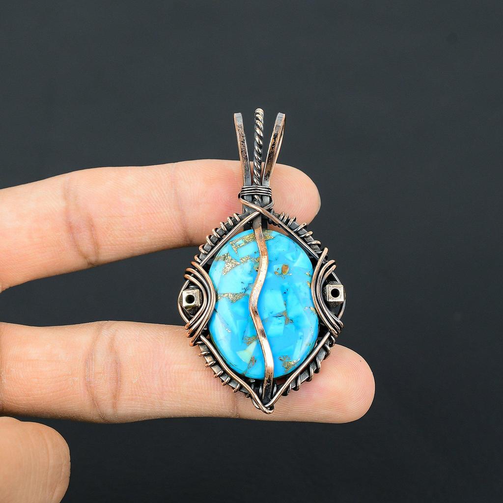 Copper Turquoise 999 Copper Wire Wrapped Pendant, Handmade Gemstone Pendant Jewelry, Gifts For Wife Brand New Pendant